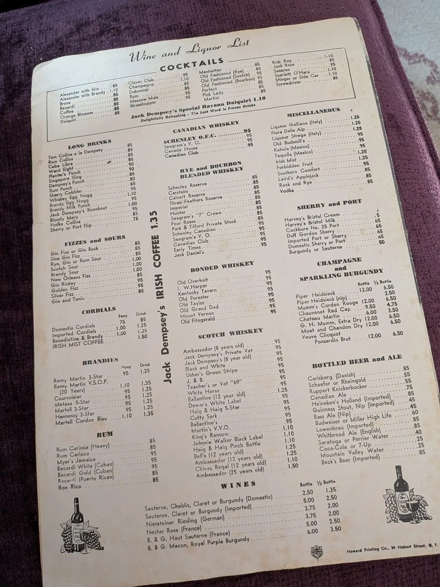 Jack Dempsey restaurant menu dated 22 January 1968.