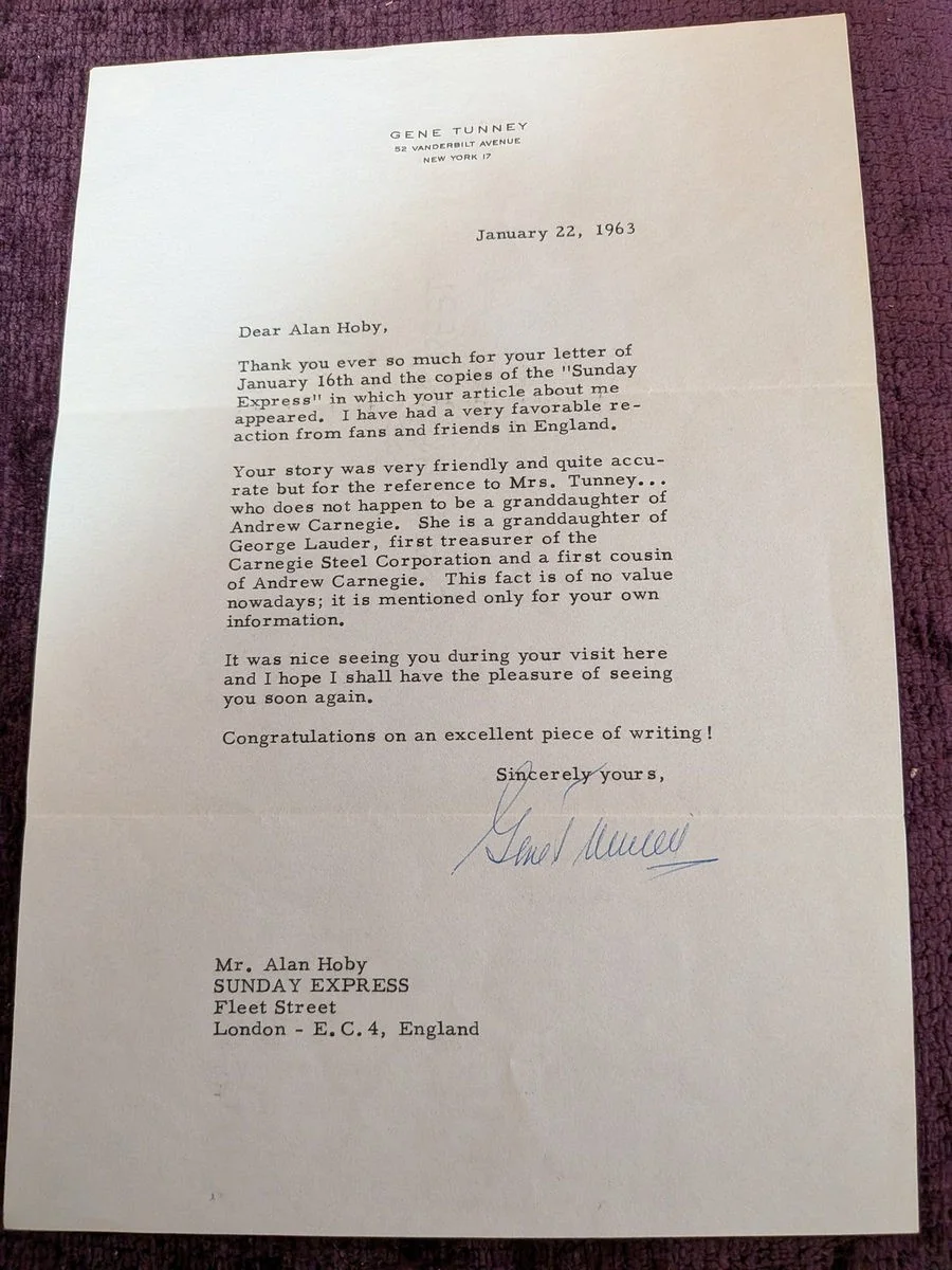Gene Tunney’s 1963 letter to journalist Alan Hoby. Photograph from the MBB collection.