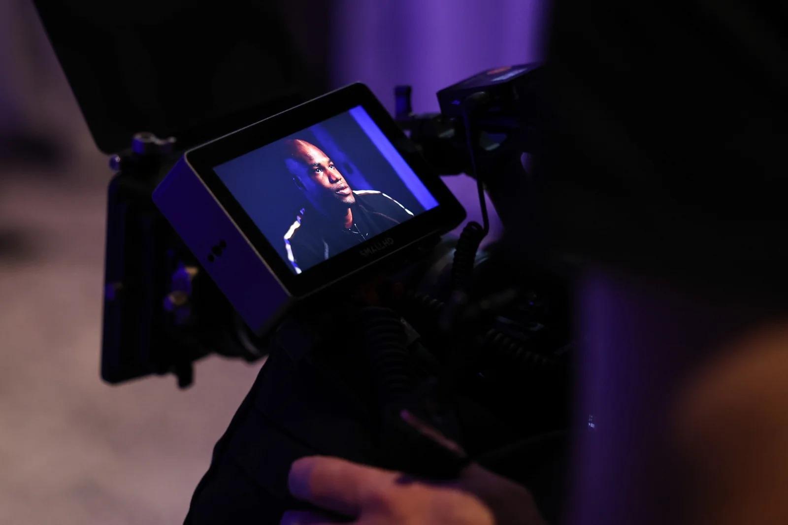 Camera monitor showing Daniel Dubois during a filmed interview