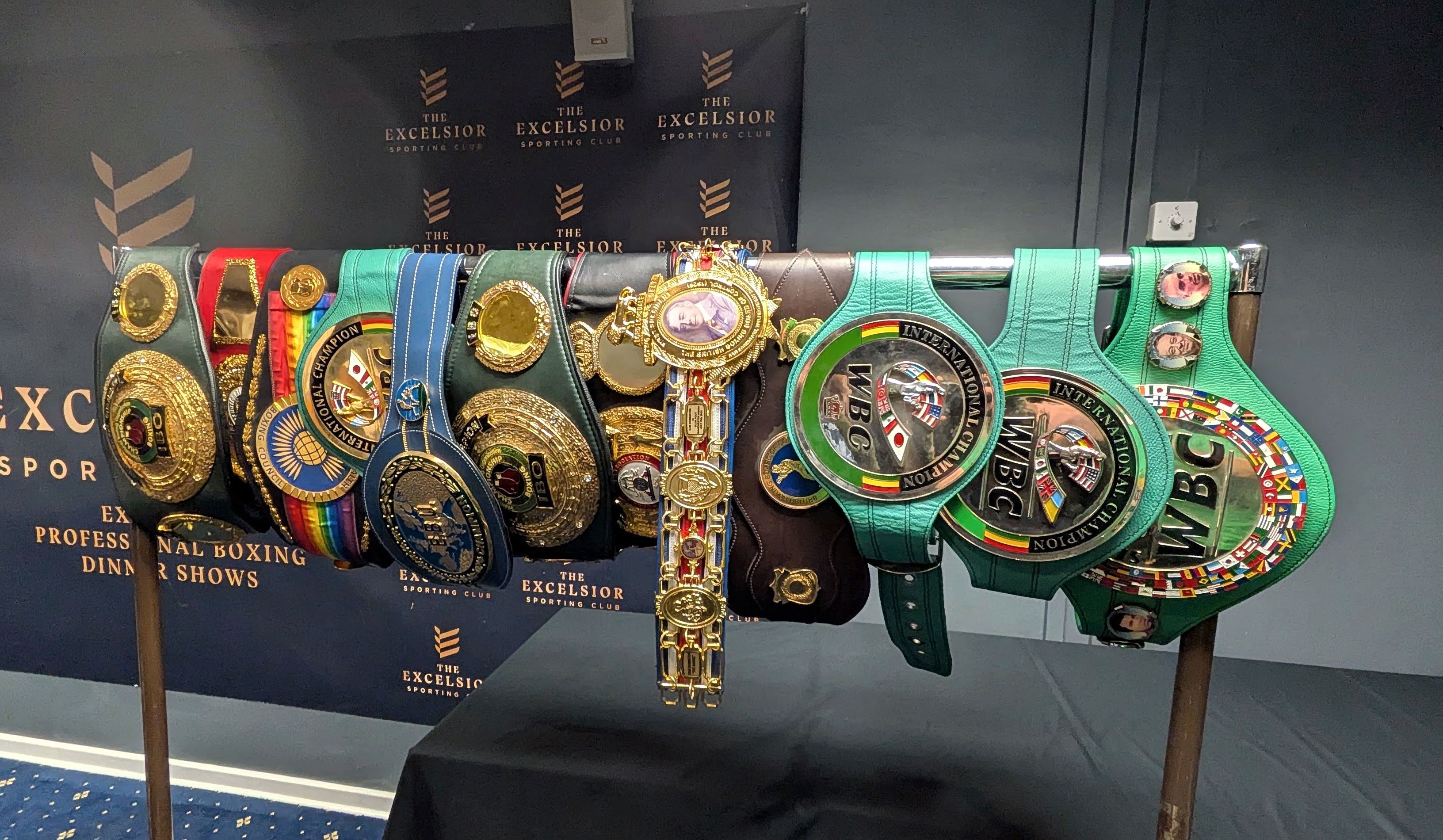 Sam Eggington's championship belts displayed at his testimonial evening