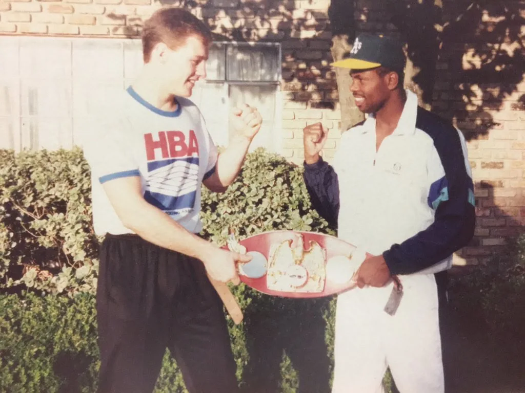 Scott Murray with IBF middleweight champion Frank Tate at the HBA training camp, Houston, Texas, September 1988.