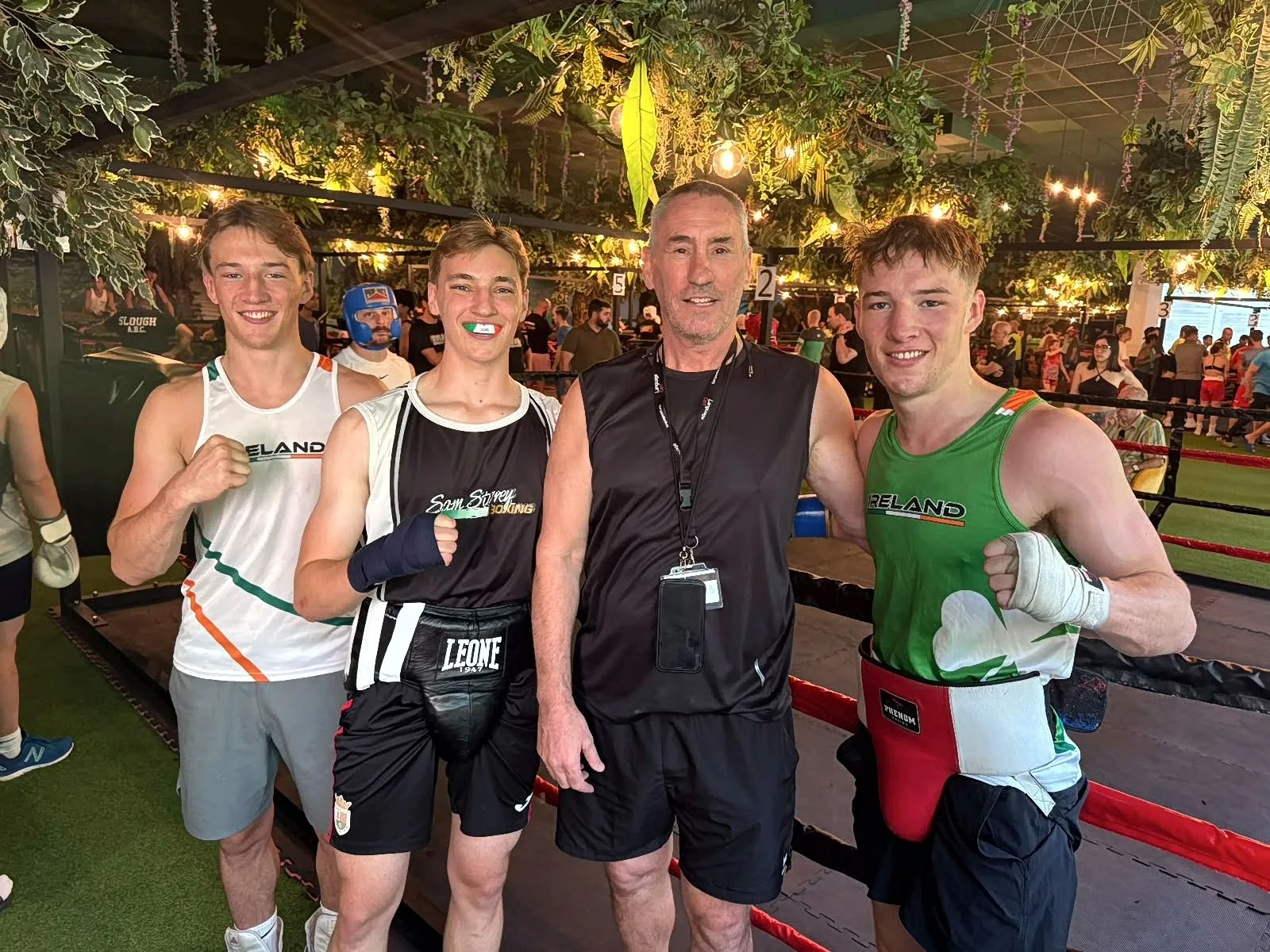Henry and Charles Murray with Sam Storey and his son Fion at Storey’s Totana sparring camp in the mountains of Murcia, Spain, where the twins have trained each summer for the past three years.